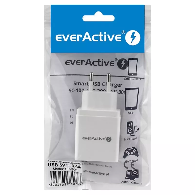everActive SC-300 telefoonlader 3x USB 3,4A, wit