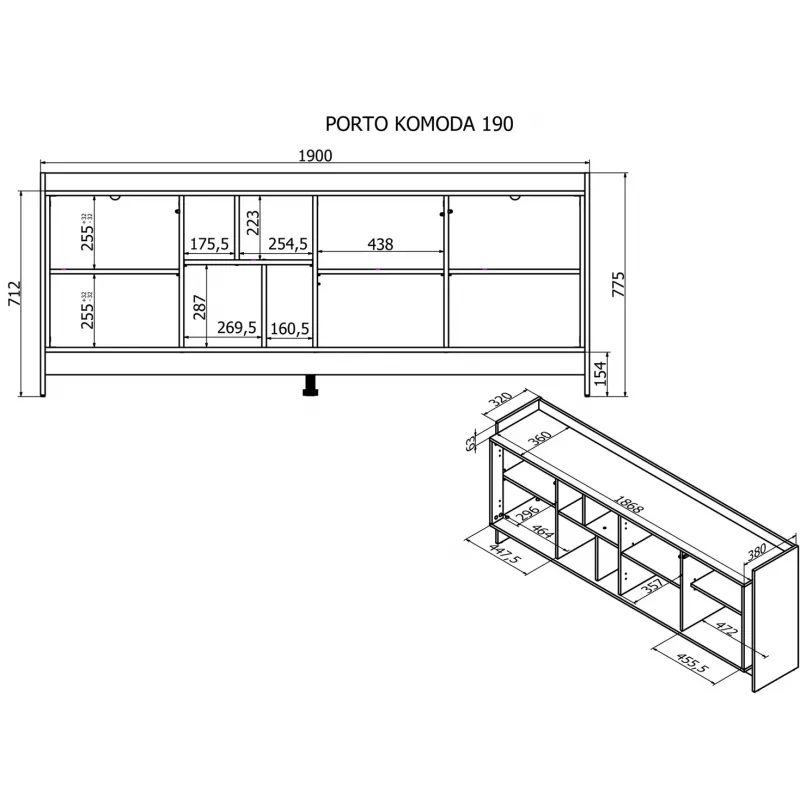 Cama PORTO 3D ladekast 190x38x77 eiken/zwart