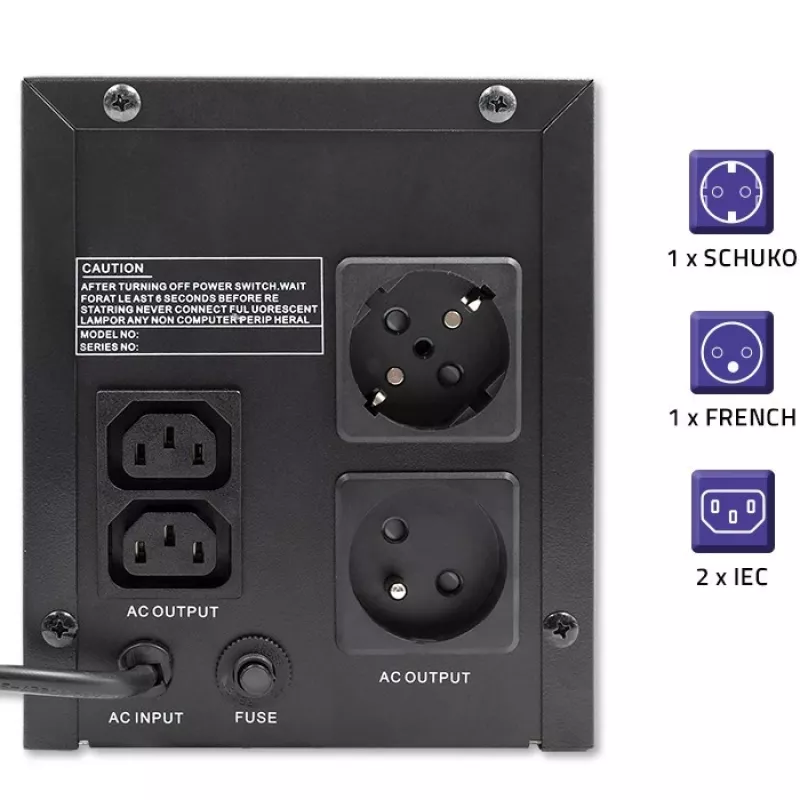 Qoltec Monolith 53775 Line-Interactive UPS, 1200 VA (1,2 kVA) / 720 W, AVR, 4 AC-stopcontacten, zwart