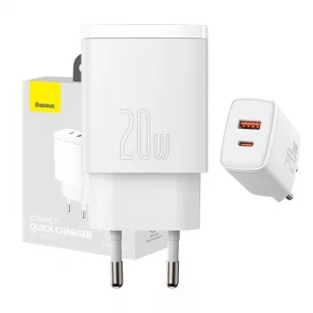 Wandlader Baseus Compact 1x USB-A + 1x USB-C 3A, compacte reisadapter