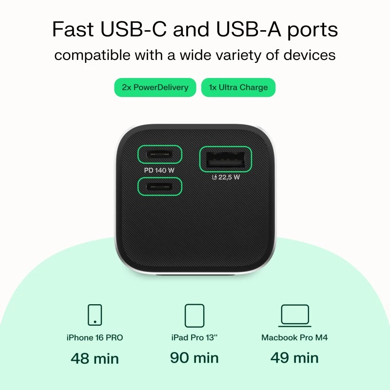 Draagbare batterij Green Cell PBGC25UD, 25200 mAh, Li‑ion, 140 W totaalvermogen, 2× USB‑C + 1× USB‑A, OLED-display, aluminium behuizing
