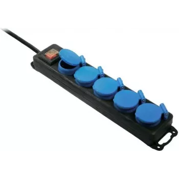Stekkerdoos AS Schwabe 38609 — 5-voudig, zwart/blauw, met schakelaar