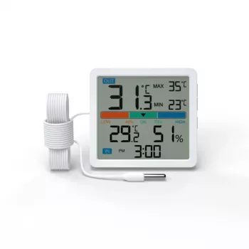 Thermometer-hygrometer MANTA MTO002W met buitensensor (150 cm), binnen 0–+50°C, buiten -40–+70°C, luchtvochtigheid 20–95% RH, comfortindicator, klok