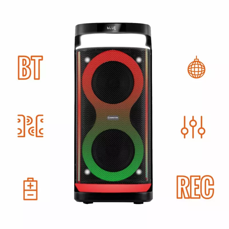 Draagbare luidspreker MANTA SPK0601B100, 100 W, Bluetooth, karaoke, draadloze microfoon, accu, equalizer, discolicht