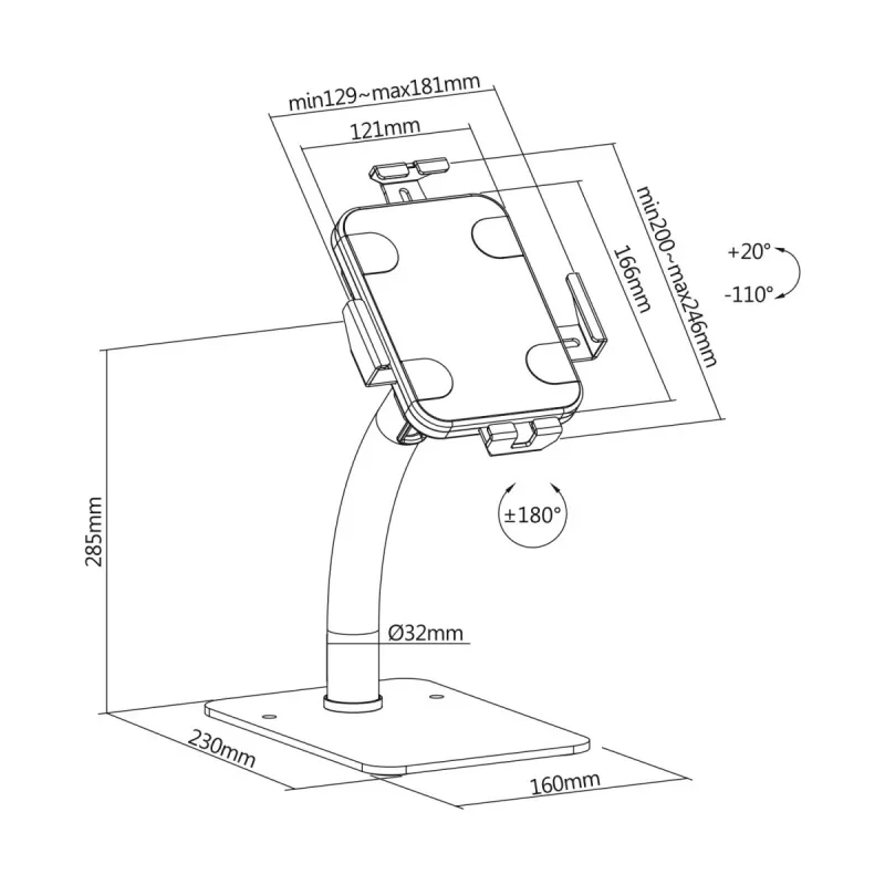 Tablet-bureau-/muurbeugel MACLEAN MC-468W, wit, voor 7,9–11 inch tablets, klem- en montageset, kantelbaar