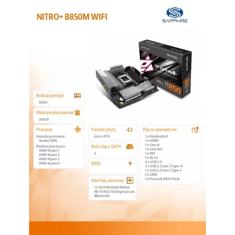 Moederbord Sapphire NITRO+ B850M WIFI — AMD B850, socket AM5, micro ATX, DDR5, 4x DIMM, Wi-Fi 6, 2,5Gb LAN, 2x M.2