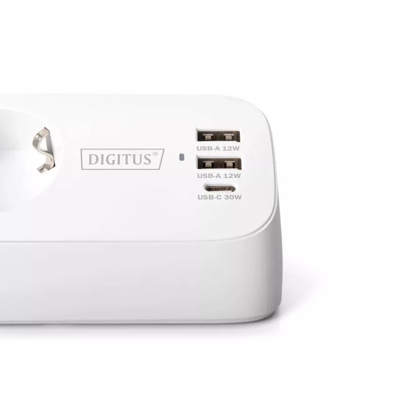 Meervoudig stopcontact DIGITUS 3-voudig met 2×USB-A en 1×USB-C, 3 AC-stopcontacten type E/F, 1,5 m kabel, wit