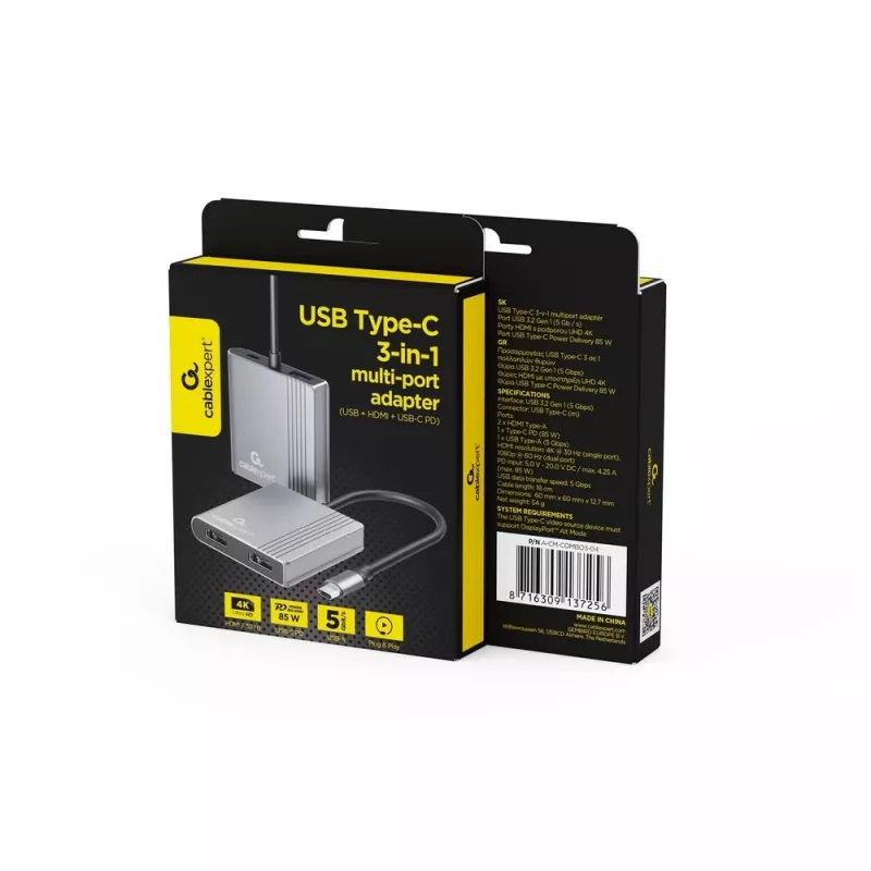 I/O-adapter USB-C naar HDMI/USB3/3-in-1 A-CM-COMBO3-04 GEMBIRD