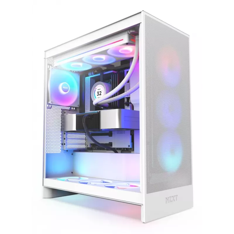 PC-behuizing NZXT H7 Flow RGB Midi Tower wit — gehard glas, EATX, voor 3×120mm, USB-C
