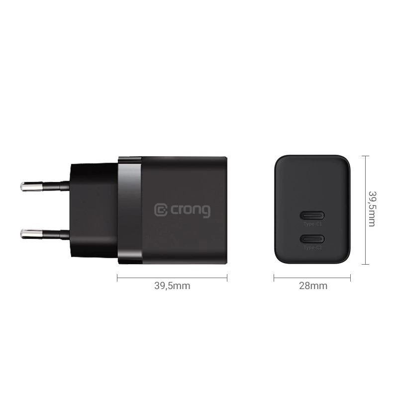 Crong wandlader Ultra Compact GaN 35W PD 3.0 2x USB-C (zwart)