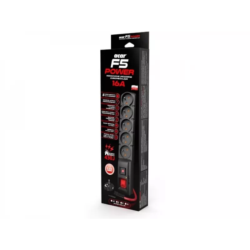 ACAR F5 POWER stekkerdoos met overspanningsbeveiliging, 5 stopcontacten, 16 A, met schakelaar, 1,5 m, zwart