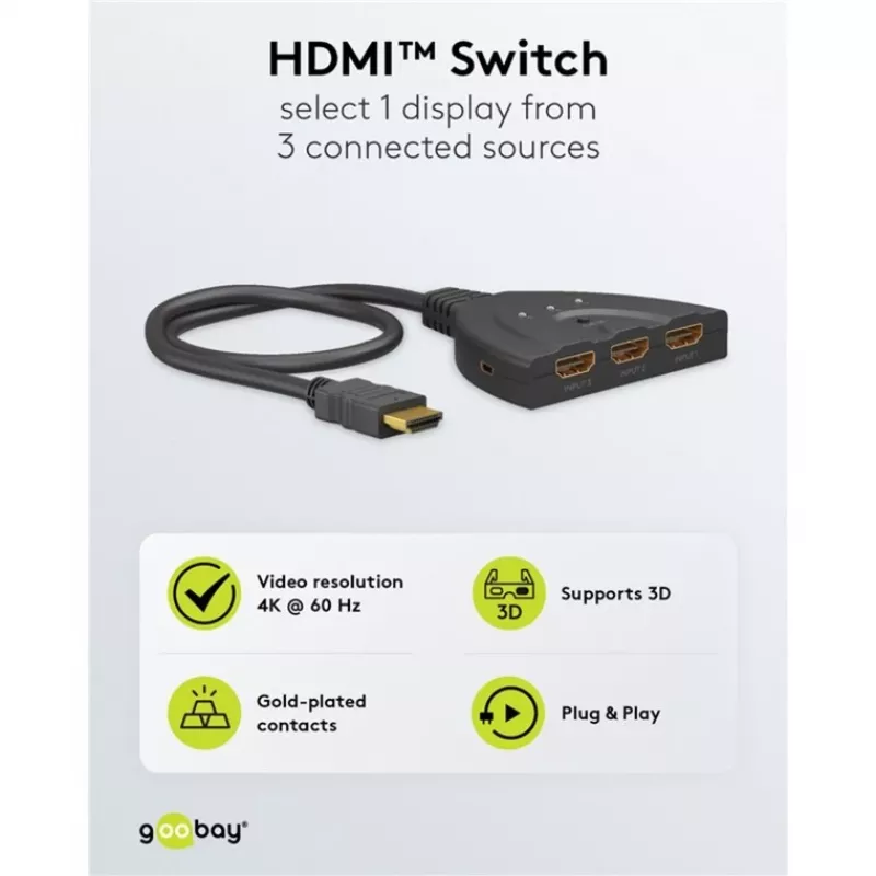 HDMI-omschakelbox 3 naar 1 (4K @ 60Hz), HDMI-switch (zwart, 55cm kabel)