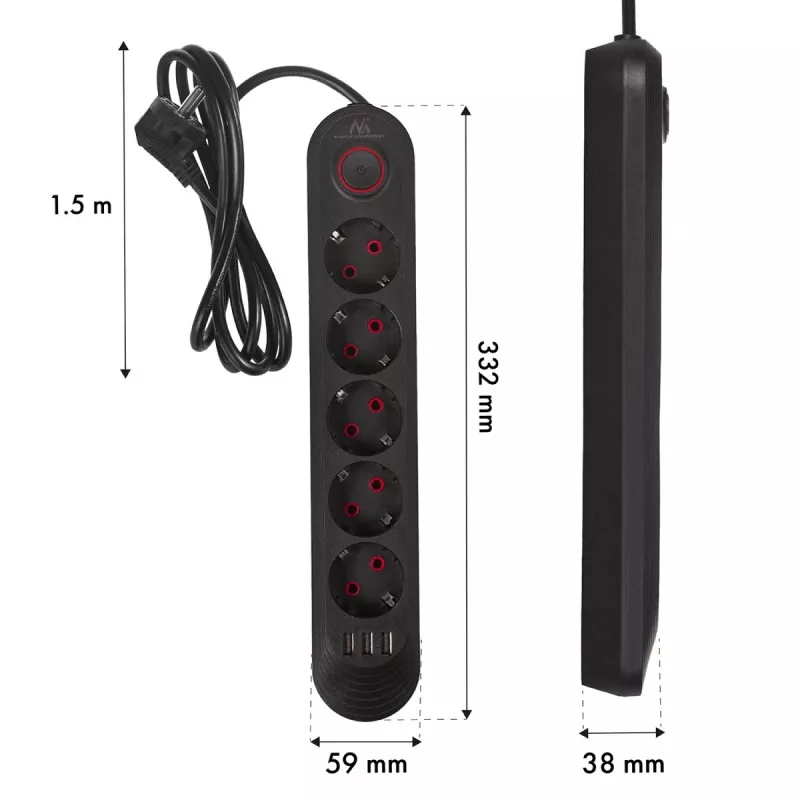 Stekkerdoos MACLEAN MCE395 B — 5 stopcontacten, 3×USB, 110–240V AC, 2,1A USB, 2500W, 1,5 m kabel, zwart