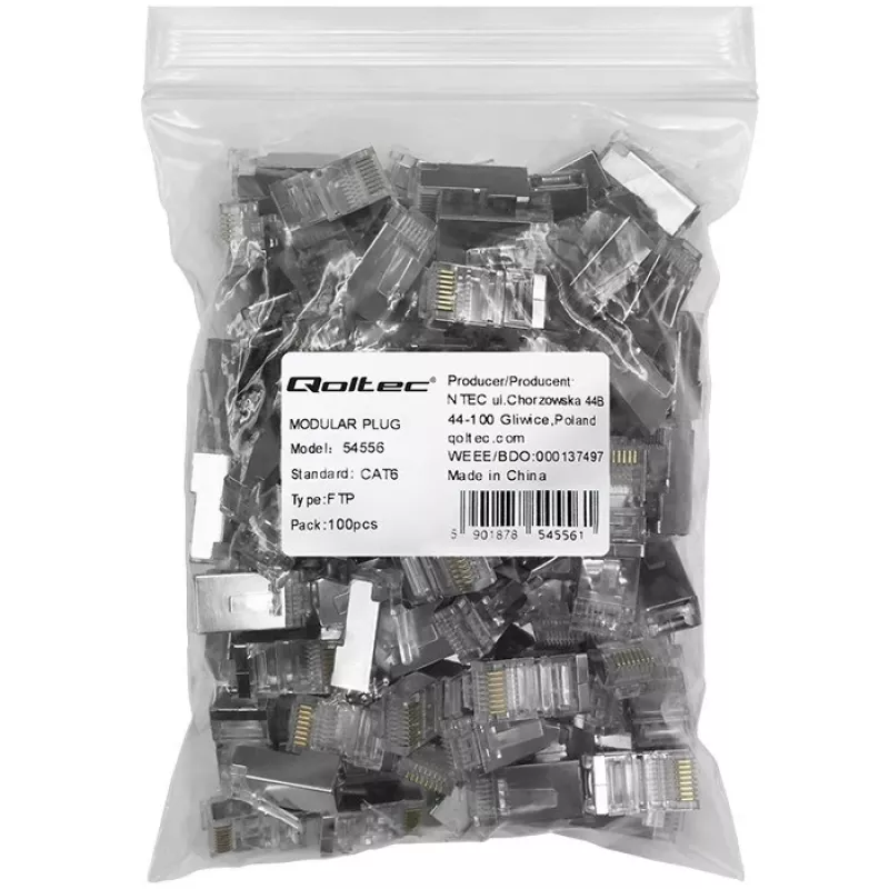 RJ45 modulaire stekker QOLTEC 54556 CAT6 FTP, zilver, 18×22×11 mm, 100-pack