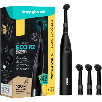 happybrush ECO R2 Allblack, volwassene, vibrerende tandenborstel, dieptereiniging, polijsten, gevoelig, 8800 bewegingen per minuut, zwart, Duitsland