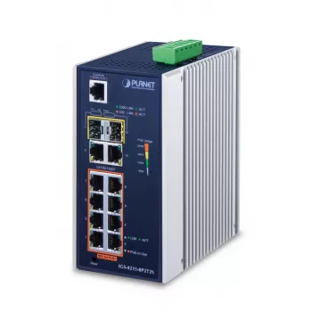 Managed Switch PLANET IGS-4215-8P2T2S — 10x Gigabit RJ-45, 2x SFP, 8x PoE+ (240W), 48–56V DC, L2/L4, IP30, DIN-/wandmontage
