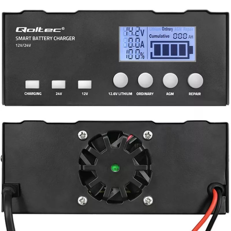 Acculader QOLTEC 52491 microprocessor 12V/12,6V/24V met LCD