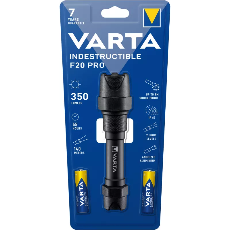 Varta Indestructible F20 Pro - zaklamp - zwart - aluminium - 9 m - IP67 - LED