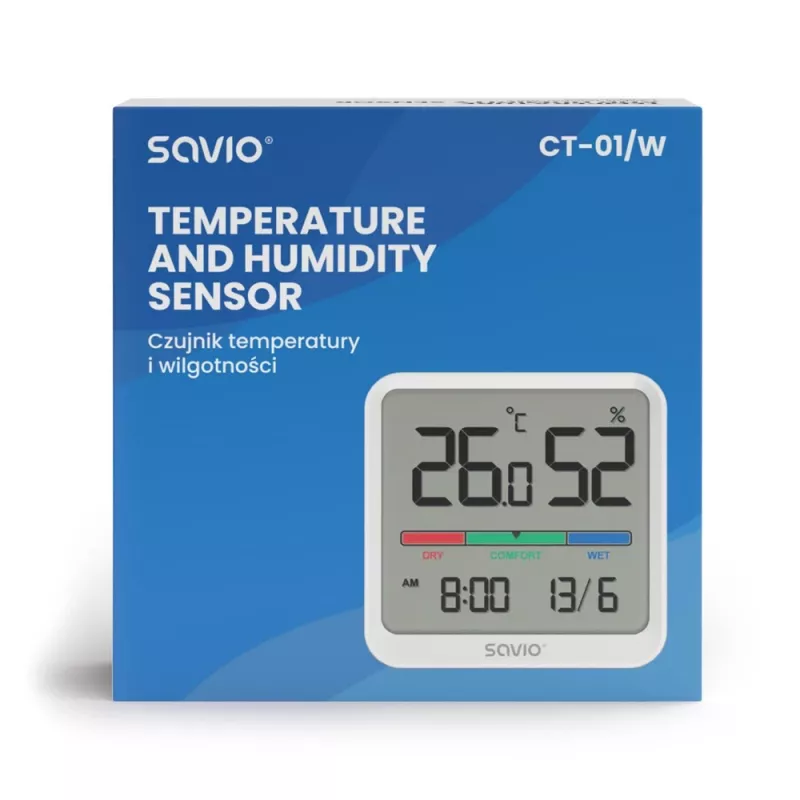 Binnenruimte temperatuur- en vochtigheidssensor SAVIO CT-01/W, LCD-display, -10–55 °C, 10–99 % rV, batterij CR2032