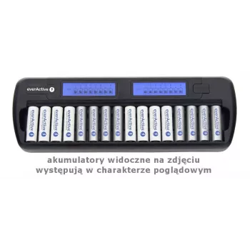 Batterijoplader everActive NC-1600 — universele DC-oplader voor Li-Ion, ondersteunt 16 cellen, compatibele maten AA/AAA/C, zwart, AC 100–240V 50–60Hz