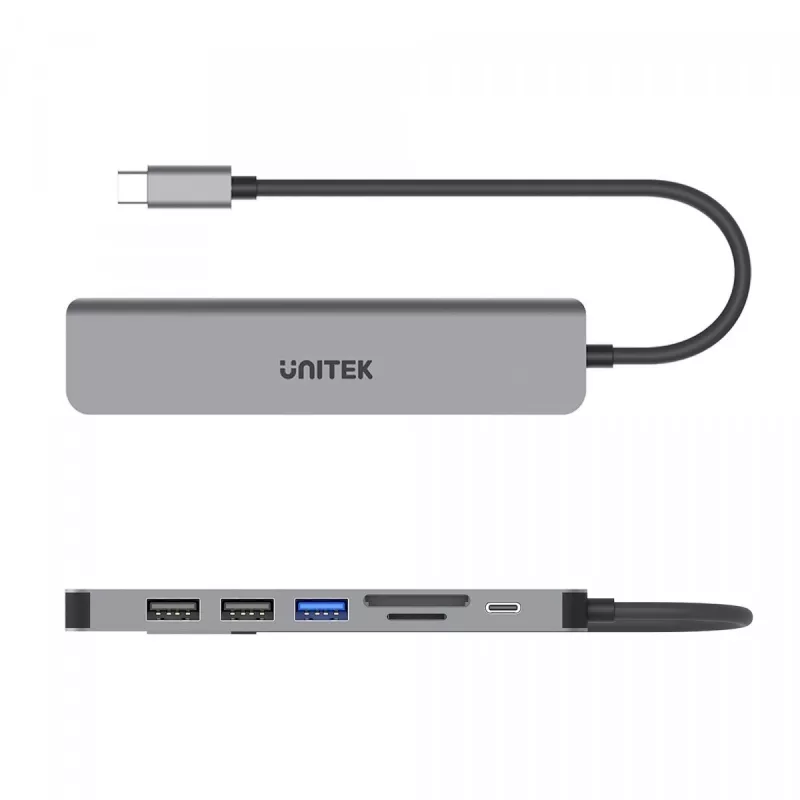 USB-C hub Unitek 7in1 aluminium PD 100W 5 Gbps — multiport-adapter met Power Delivery