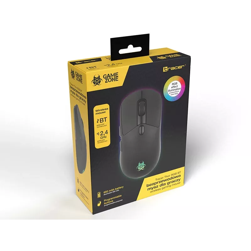 Tracer GameZone Thor RGB draadloze gamingmuis, 2,4 GHz + Bluetooth, 10000 DPI, zwart