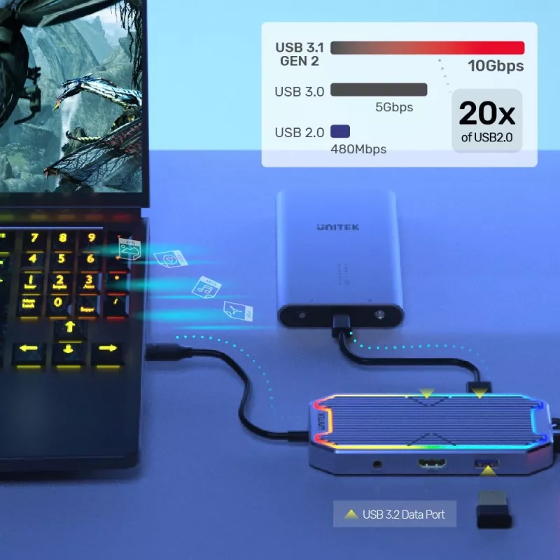 Unitek uHUB S7+ D1029A USB-C-hub, USB 3.2 Gen 2 10 Gbps, HDMI 2.0, Gigabit RJ45, 3,5 mm-audio, 100 W, grijs