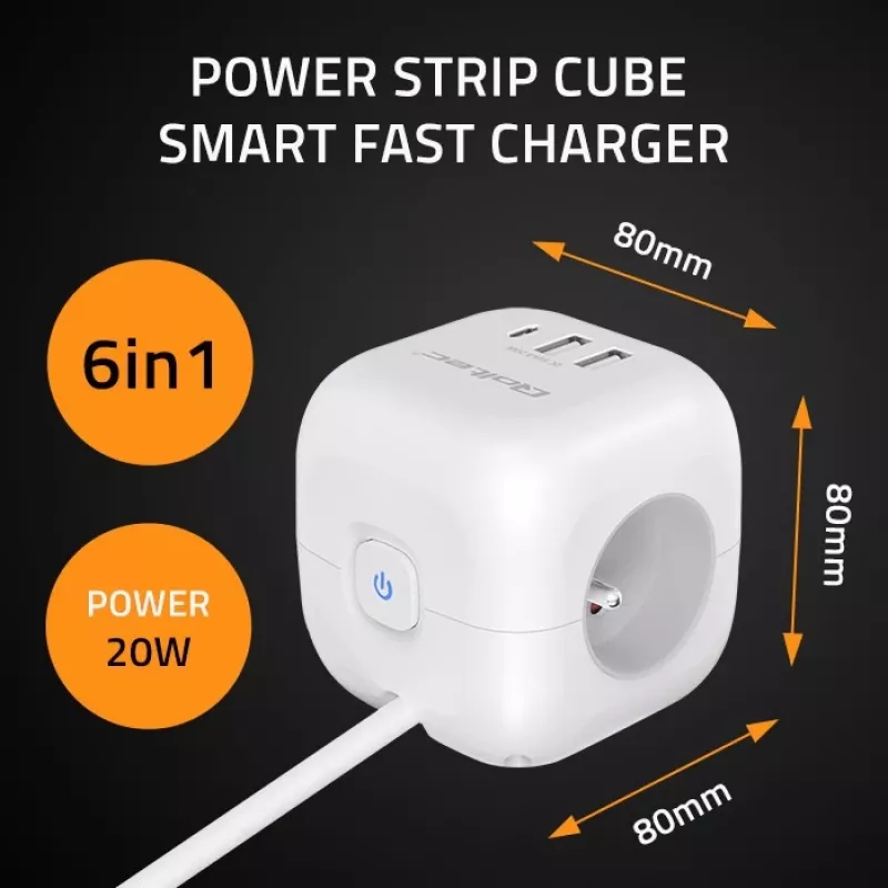 Power Cube QOLTEC 52547 stekkerdoos 3×AC-stopcontacten, 2×USB-A, 1×USB-C PD 20W