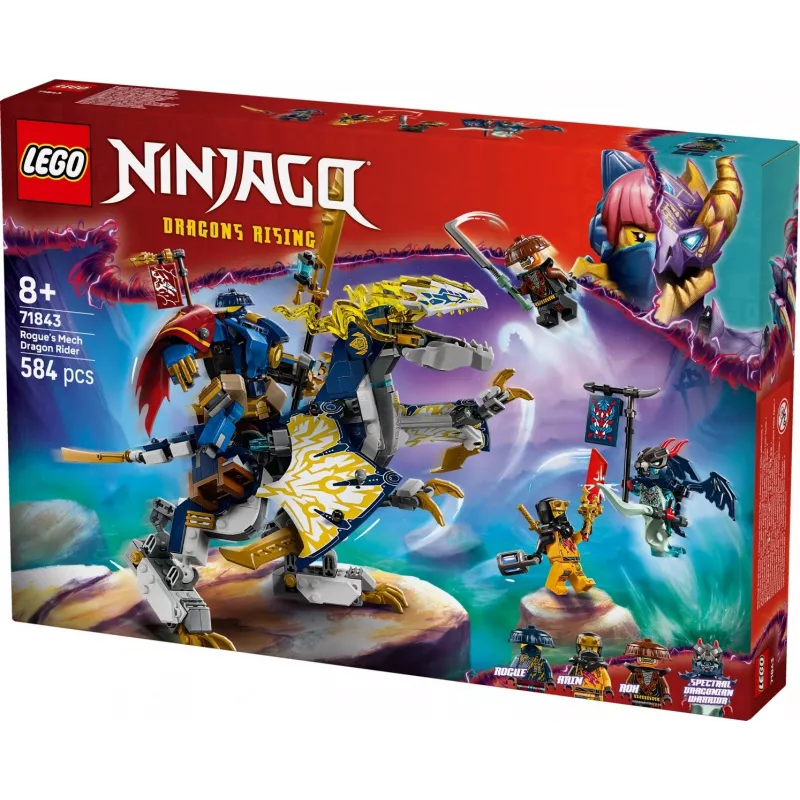 LEGO NINJAGO set 71843 Rogue's Mech Dragon Rider — 584 onderdelen, 4 minifiguren, 190 mm modelhoogte