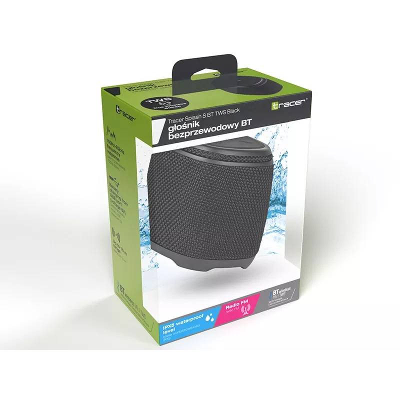 Draagbare stereoluidspreker TRACER Splash S (Bluetooth 5.1, 5 W RMS, IPX5, 6 u accu) zwart