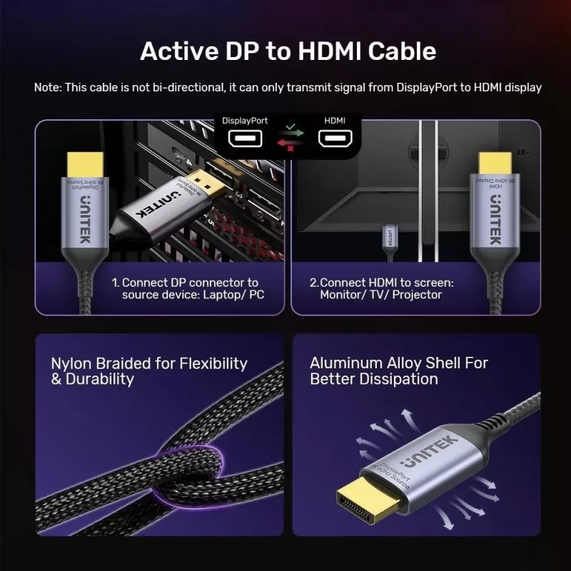 UNITEK KABEL DISPLAYPORT 1.4 NAAR HDMI 2.1, 8K, 1,8 M