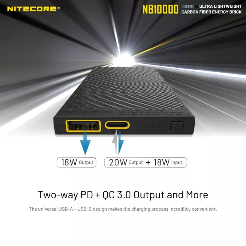 Draagbare powerbank Nitecore NB10000 — 10000 mAh, USB‑A + USB‑C, 38 W totale uitgang, grijs