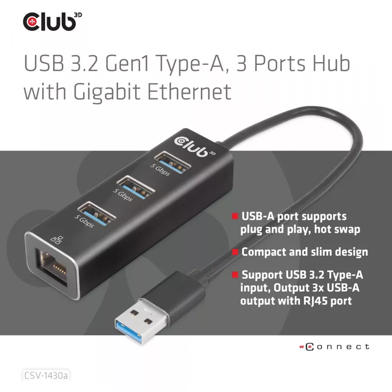 USB-hub CLUB3D USB 3.2 Gen1 Type-A met 3 aansluitingen en Gigabit-Ethernet