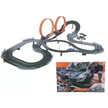 Mechanische speelgoedautoracebaan Madej autoracebaan met twee loopings — 011406, set met opwind- en duwauto's voor kinderen