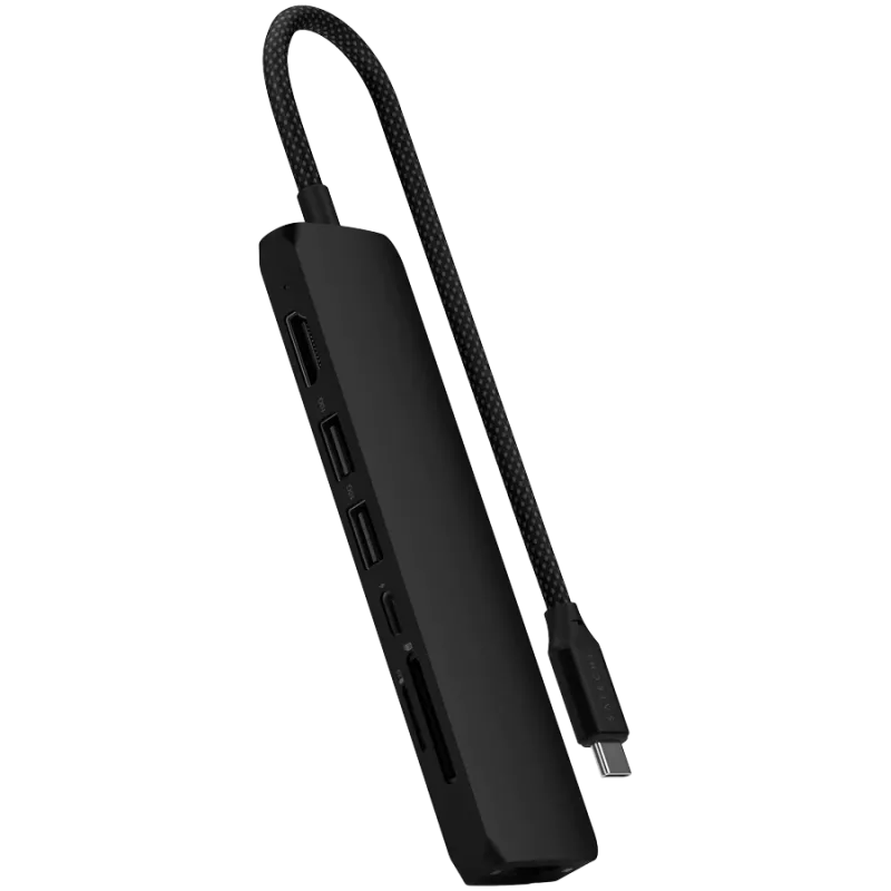 Satechi 7-in-1 USB-C slim multiport adapter Ethernet (USB-C PD, 2x USB-A, HDMI 4K, Ethernet, kaartlezer micro/SD) (zwart)