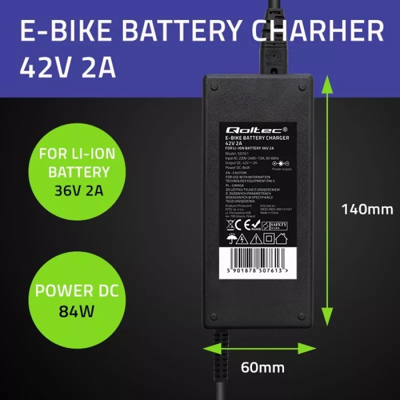 Qoltec 50761 oplader voor e-bike-accu's 36V | 42V | 2A | 5,5*2,5