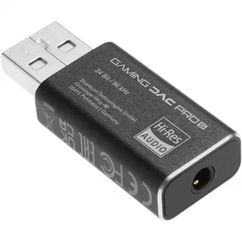 Interne USB Type-A naar 3,5 mm DAC-adapter Sharkoon DAC Pro S — 2 V uitgang, zwart, compact (42 × 17,3 × 9,7 mm)