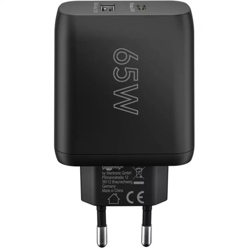 USB-C dual-fast charger, PD, GaN, 65 watt (zwart, 1x USB-C, 1x USB-A, Power Delivery)