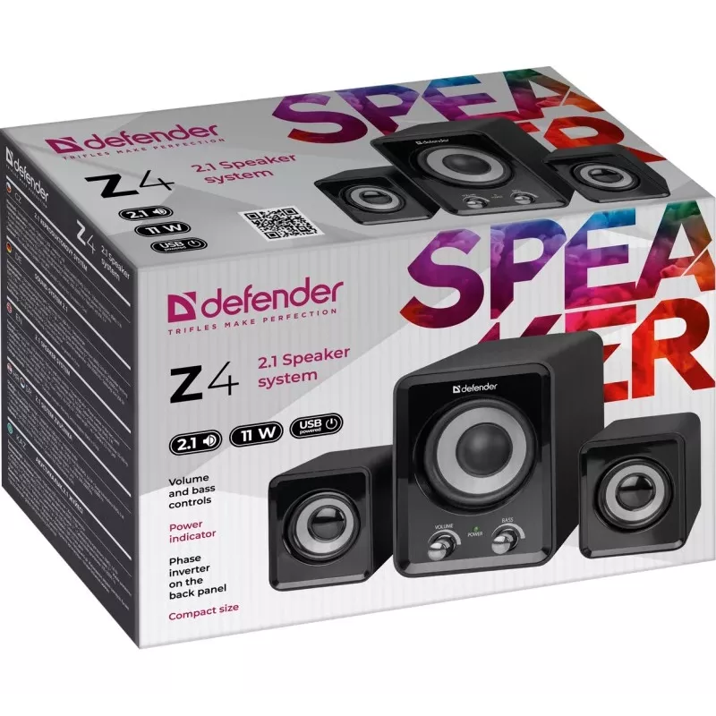 Bedrade DEFENDER Z4 2.1-luidsprekers, 11 W RMS, zwart, USB 5V-voeding, 3,5-mm-hoofdtelefoonuitgang