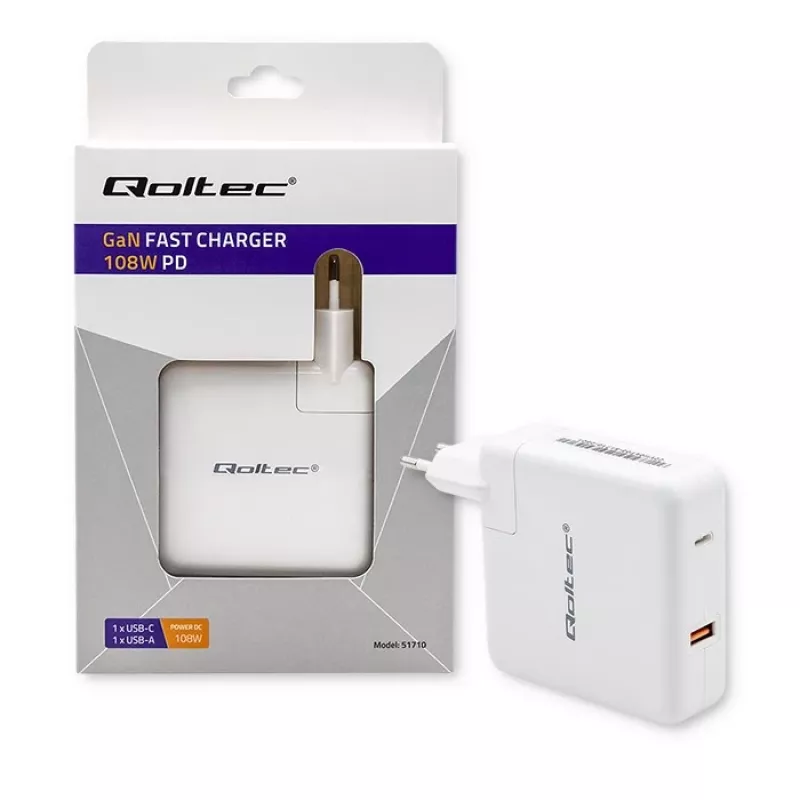Qoltec GaN-oplader FAST 108W | 5-20V | 3-4.7A | USB C | wit