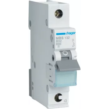 Hager MBS132. Nominale stroom: 32 A, netfrequentie: 50/60. Type: B-karakteristiek, aantal modules (max): 1 module(s). Breedte: 17,5 mm, diepte: 70 mm, hoogte: 83,4 mm (MBS132)