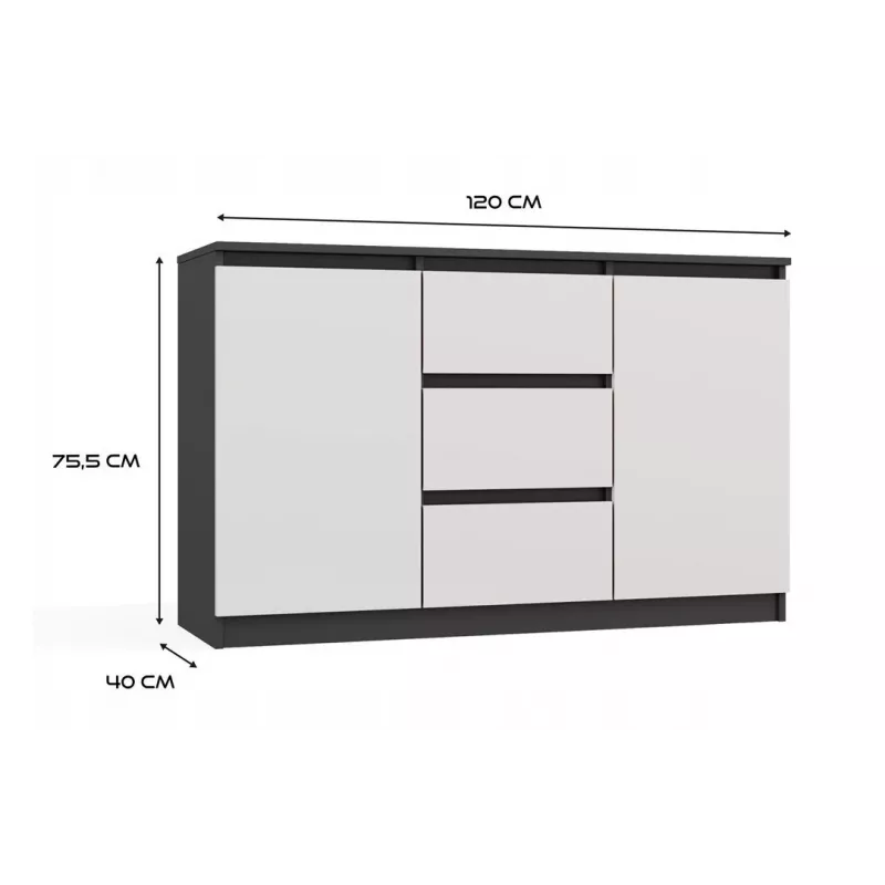 Commode 2 deuren 3 laden top e shop M-MP-K-MAL-2D3S-ANTBIA — antraciet frame, witte deuren, 1200×750×400 mm