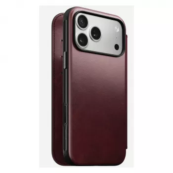 Telefoonhoesje Nomad Modern Leather Folio voor iPhone 17 Pro Max — leer, TPU, PC, aluminium, bordeaux, 16 cm (6,3 inch)
