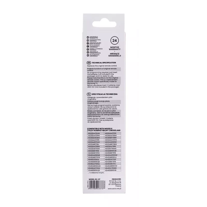 SAVIO afstandsbediening RC-07 voor Samsung tv, IR draadloos, zwart, drukknoppen