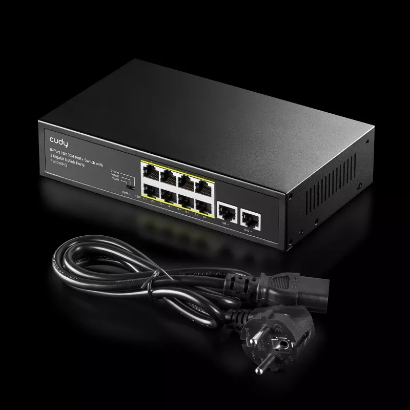Netwerk-switch Cudy FS1010PG — 10/100 Mbps, 8 PoE-poorten, 2 uplink, 120W PoE-budget, metalen behuizing