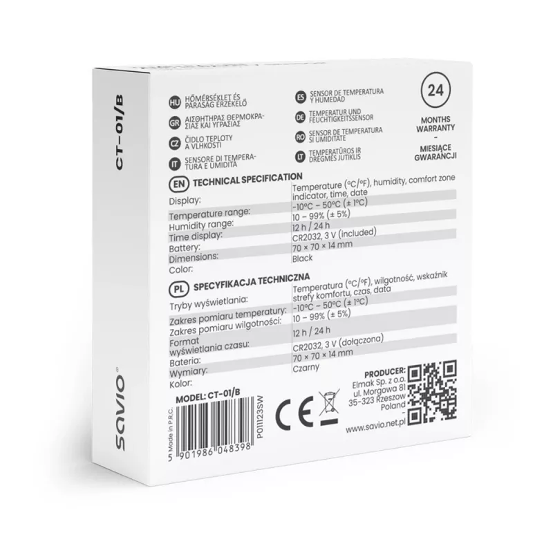 Savio CT-01/B draadloze temperatuur- en vochtigheidssensor voor binnen, LCD, klok, datum, magnetische houder, zwart