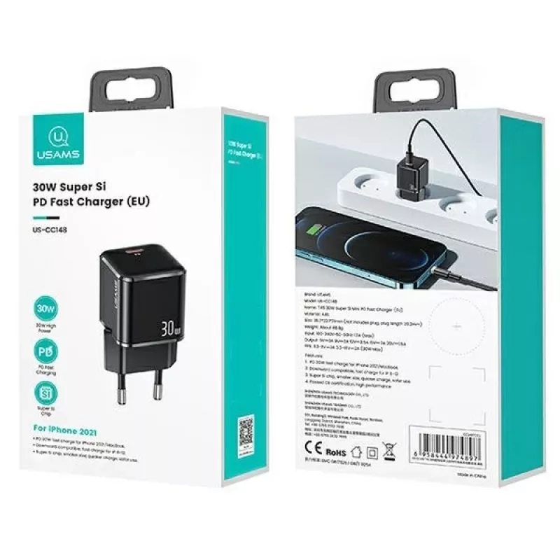 Wandoplader usams T45 30W USB‑C PD3.0 voor smartphones en tablets