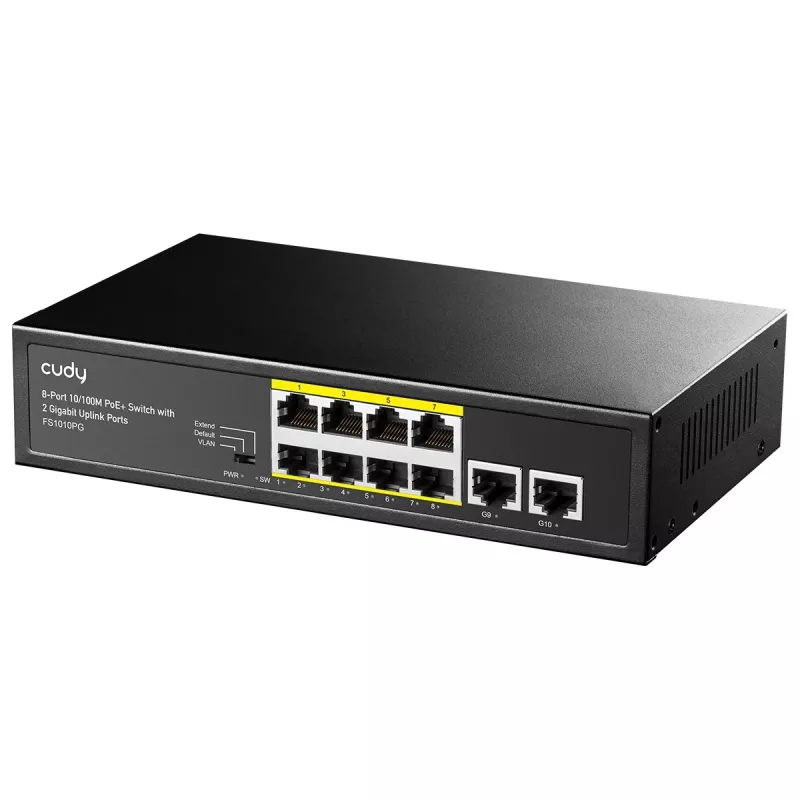 Netwerk-switch Cudy FS1010PG — 10/100 Mbps, 8 PoE-poorten, 2 uplink, 120W PoE-budget, metalen behuizing