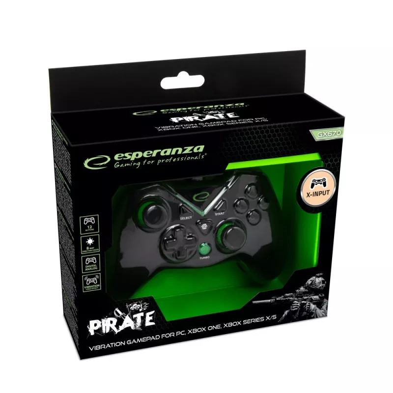 Esperanza EGG114K Pirate gamepad, USB 2.0, analoog/digitaal, voor pc, Xbox One, Xbox Series X/S, zwart