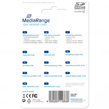 Geheugenkaart MediaRange 16GB SDHC Class 10 MR963